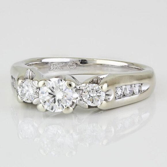 14K White Gold Diamond 3-Stone Bridal Wedding Ring - Picture 2 of 6